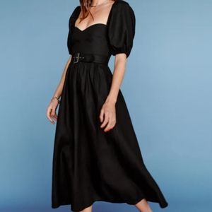 NWT reformation tien linen midi dress black short puff sleeves sweetheart 12